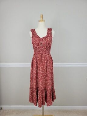 Patrons of Peace Floral Smocked Midi Dress in Rust Red